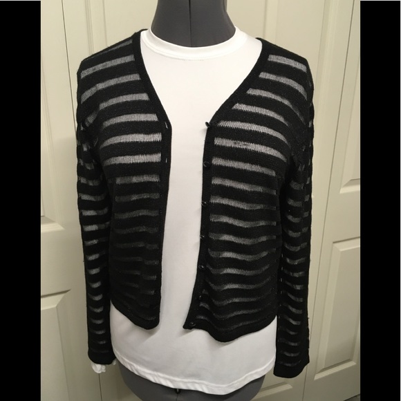 Black sheer striped cardigan sweater. - Picture 1 of 6
